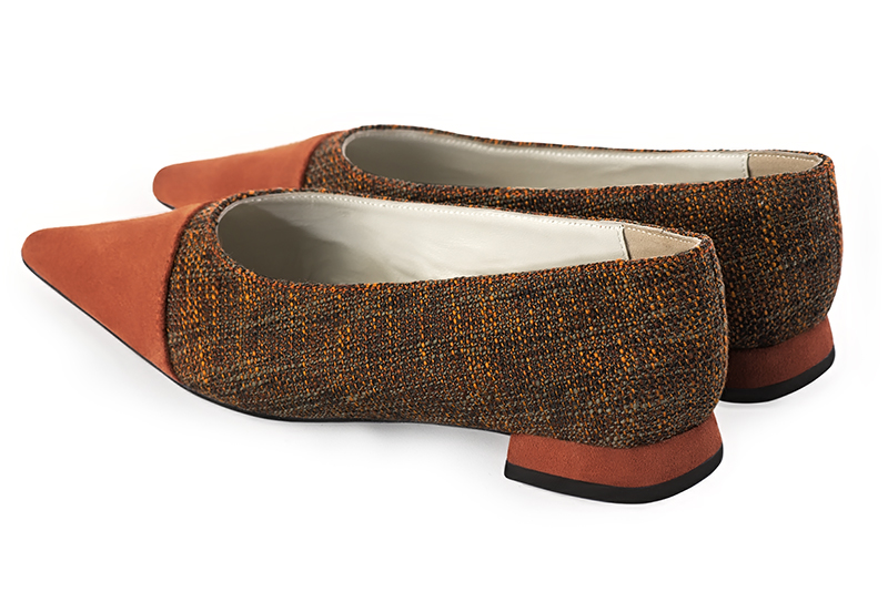 Navy blue and terracotta orange women's dress pumps, with a round neckline. Pointed toe. Flat block heels. Rear view - Florence KOOIJMAN